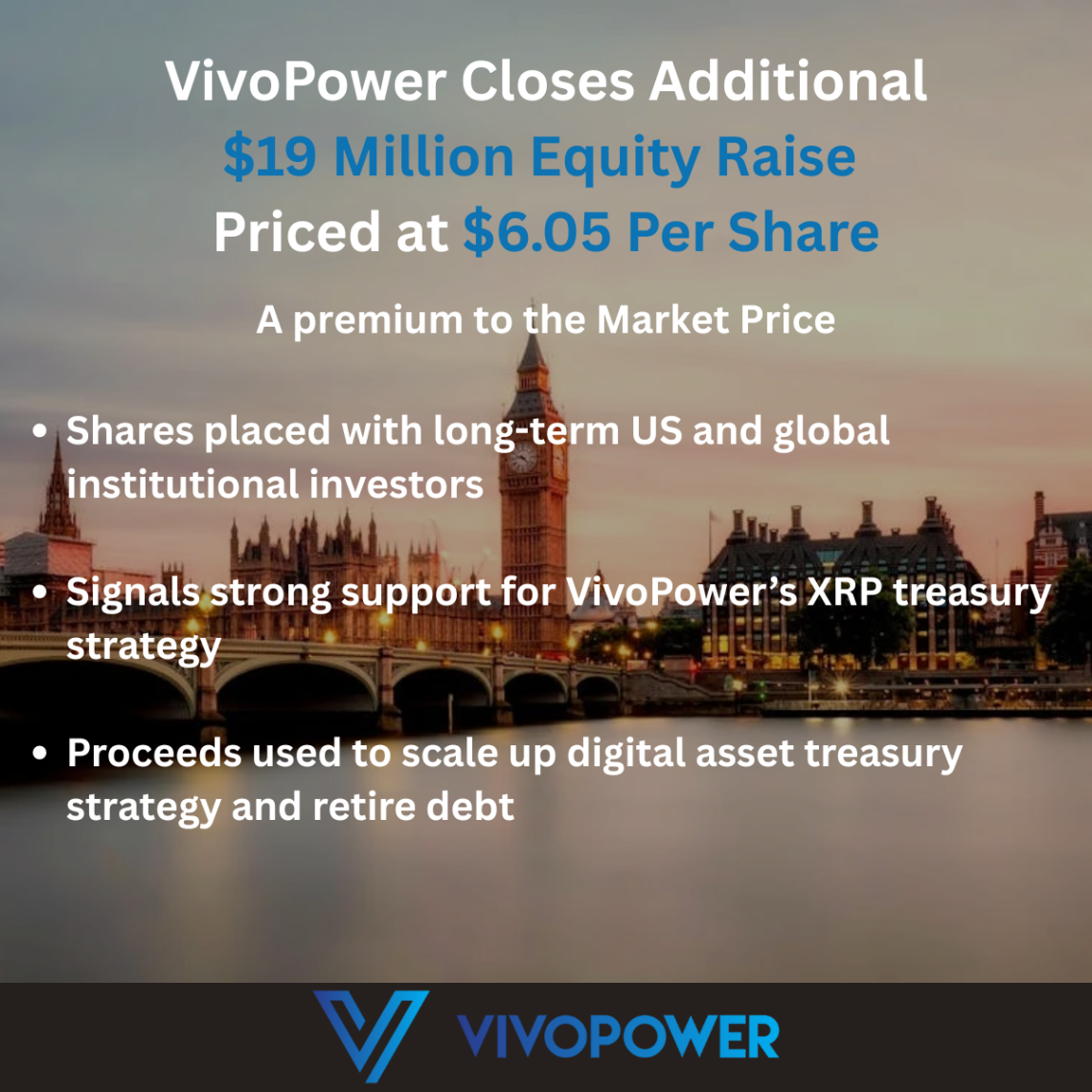 VivoPower Closes Additional $19 Million Equity Raise Priced at $6.05 Per Share
